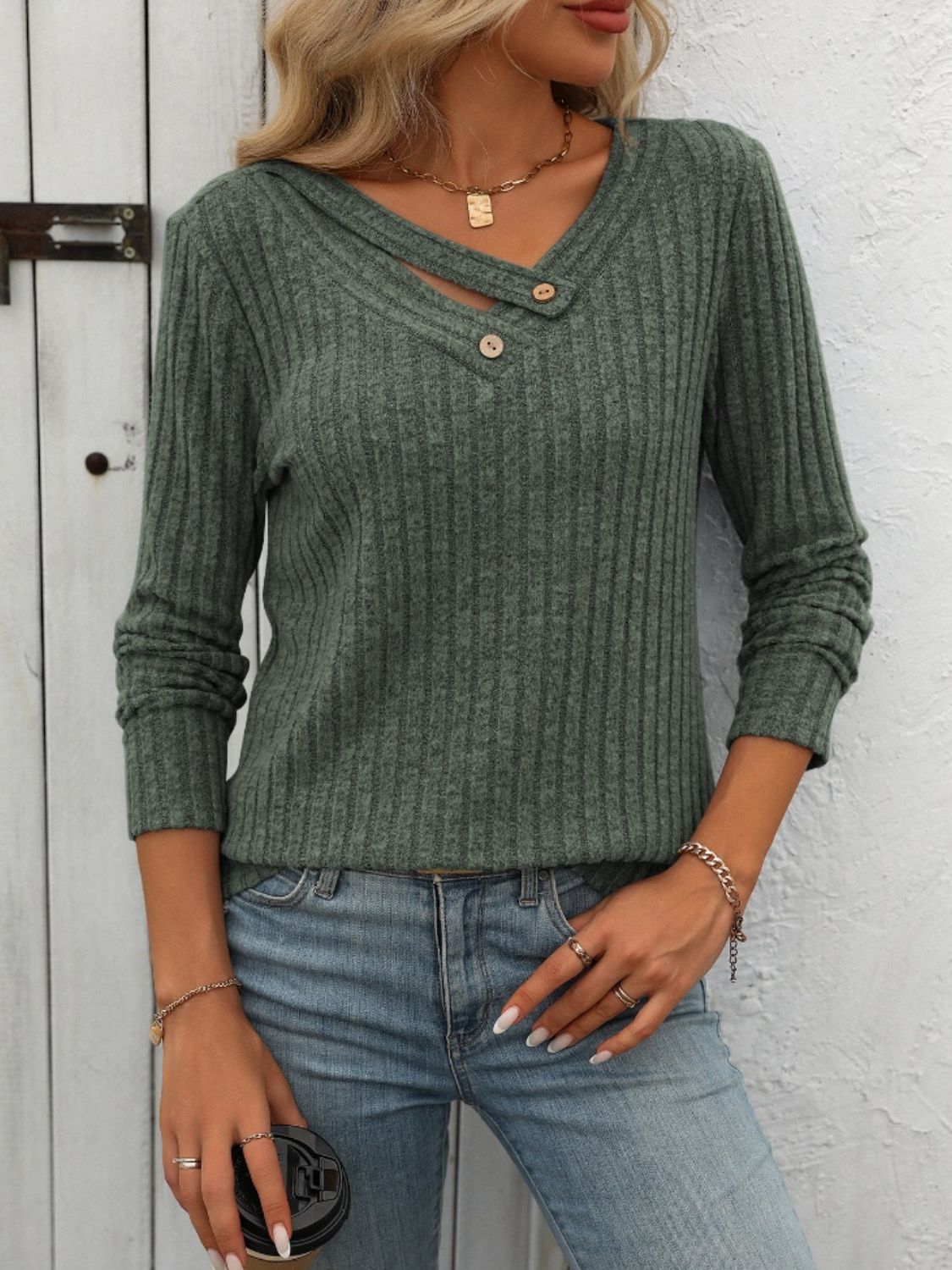 Ribbed V-Neck Long Sleeve Top