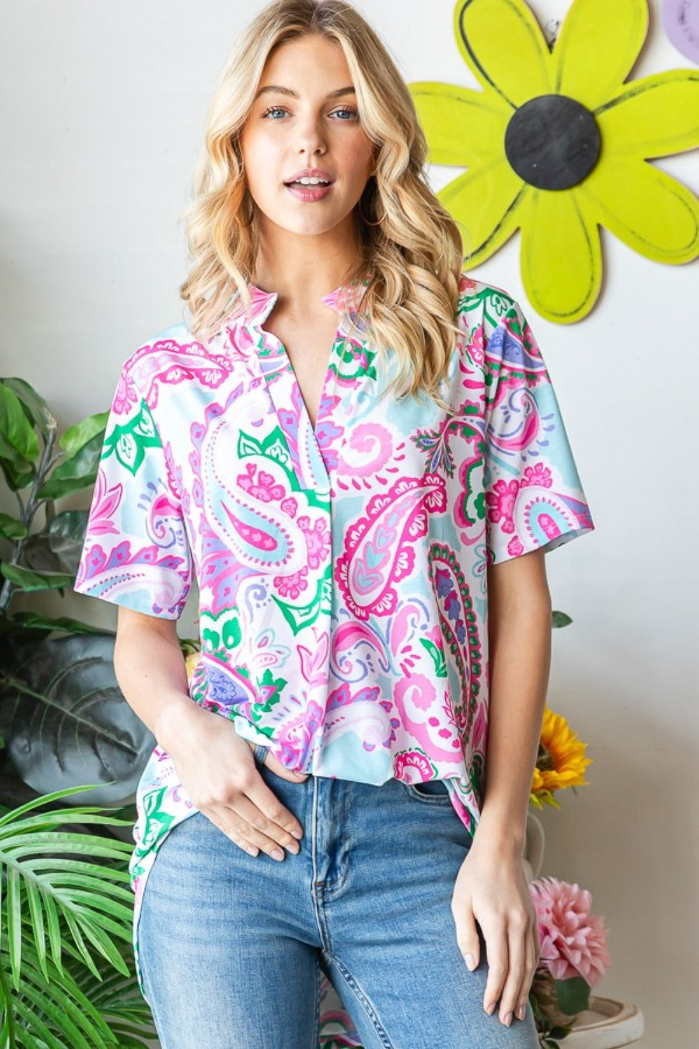 Full Size Paisley Print Short Sleeve Top