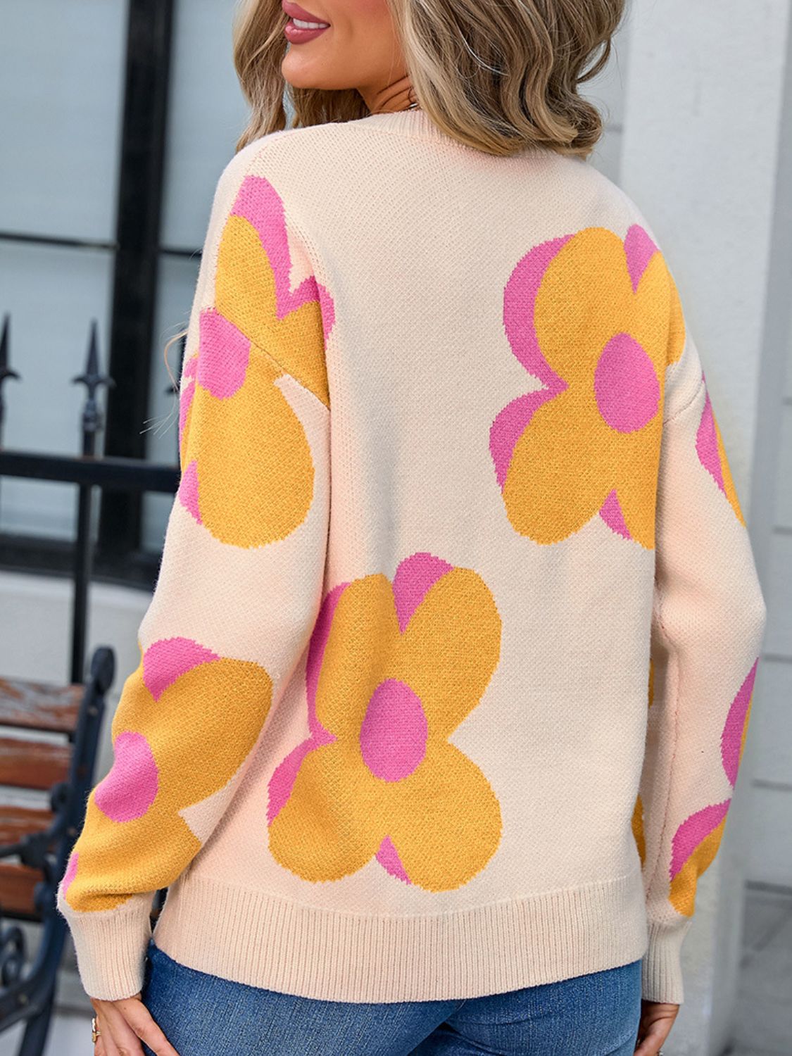 Flower Round Neck Long Sleeve Sweater