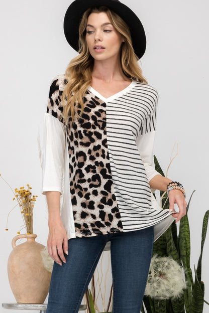 Full Size Front Leopard and Striped Print V-Neck Top