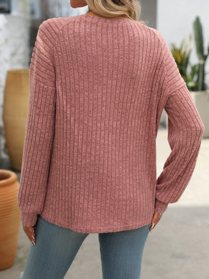 Decor Button Long Sleeve Ribbed Top