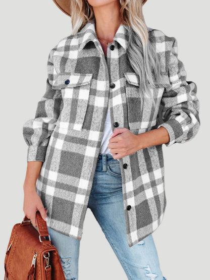 Plaid Collared Neck Long Sleeve Jacket