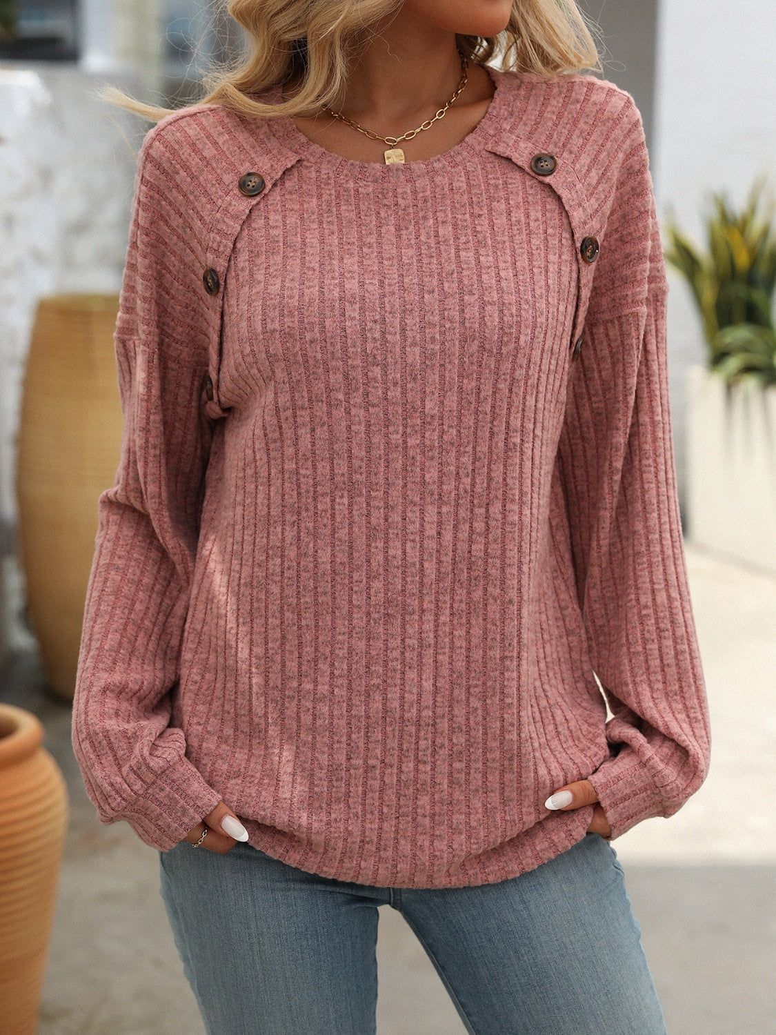 Decor Button Long Sleeve Ribbed Top