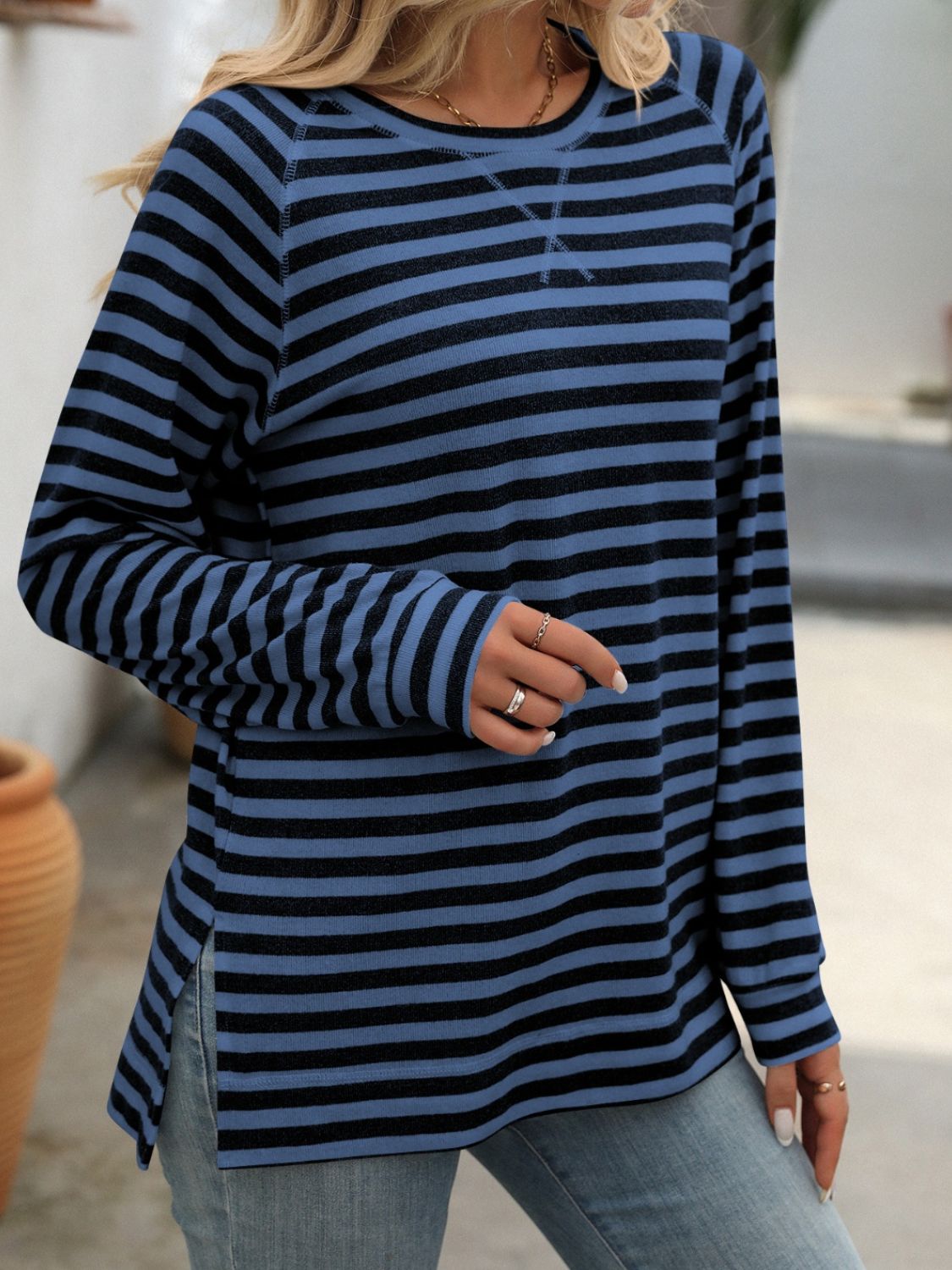 Striped Round Neck Long Sleeve Top