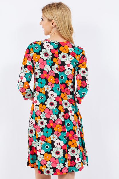 Full Size Floral Three-Quarter Sleeve Dress with Pockets