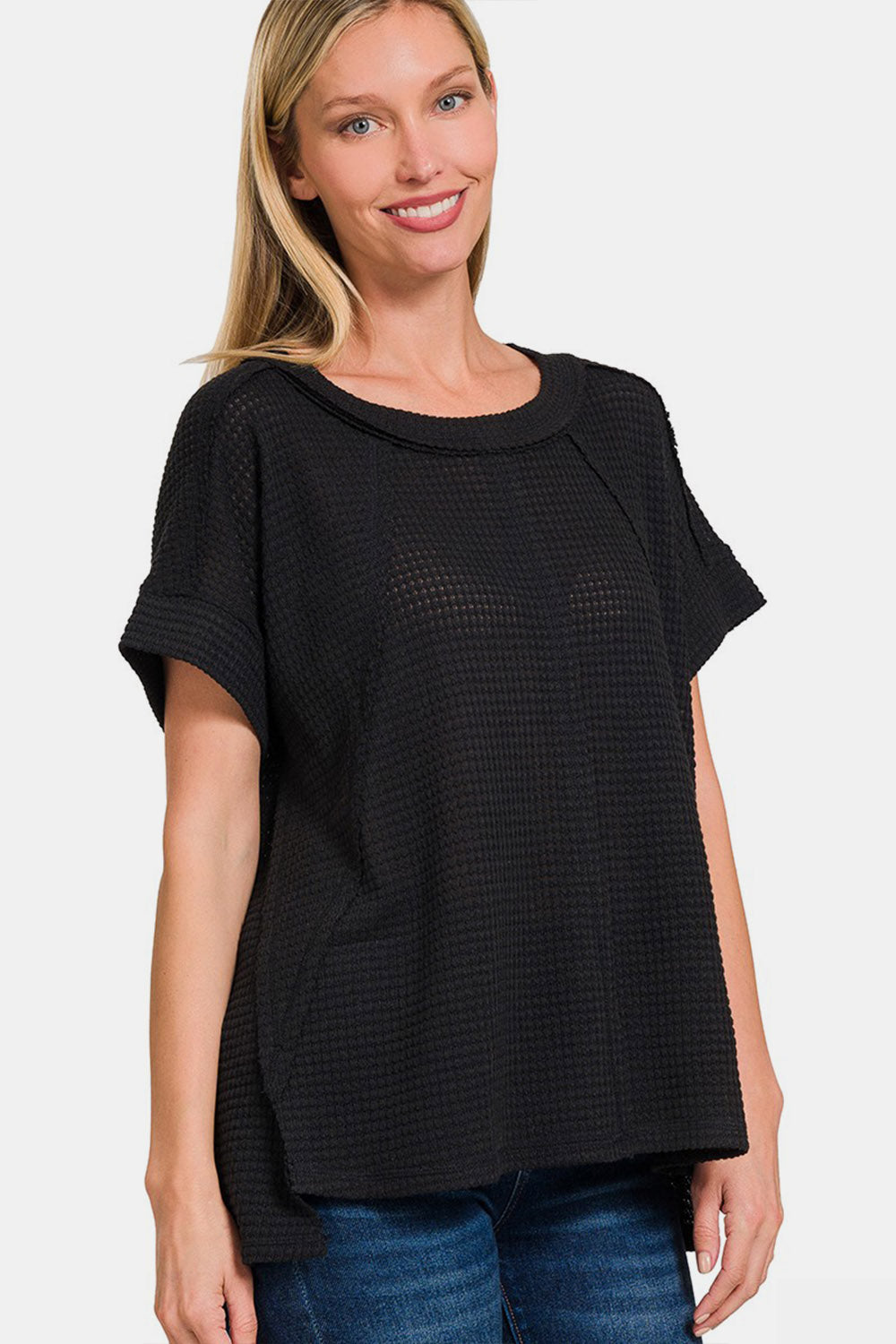 Waffle Exposed-Seam Short Sleeve Top