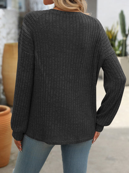 Decor Button Long Sleeve Ribbed Top