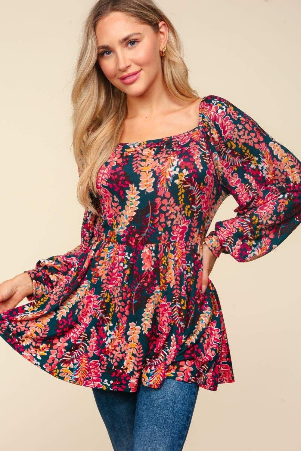 Full Size Peplum Floral Square Neck Blouse