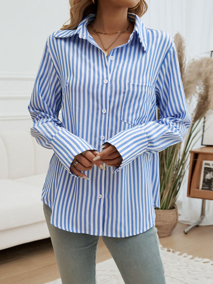 Pocketed Striped Collared Neck Long Sleeve Shirt