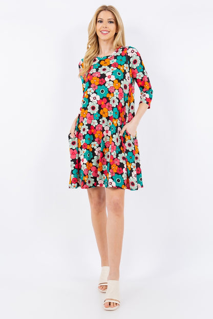 Full Size Floral Three-Quarter Sleeve Dress with Pockets