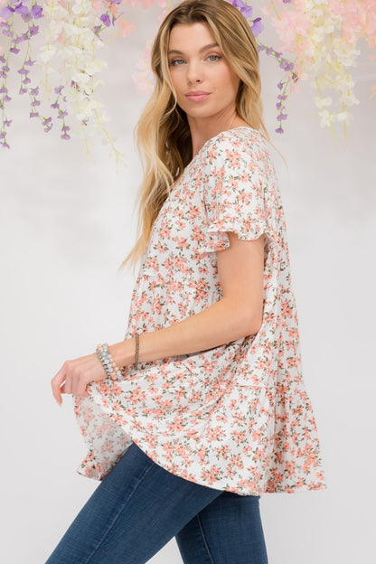 Full Size Floral Ruffled Short Sleeve Blouse