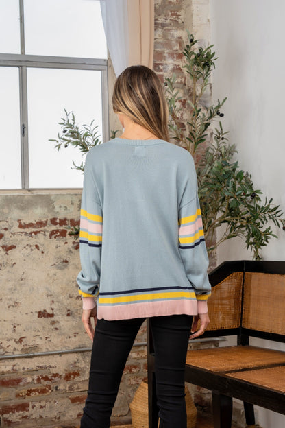 Full Size Contrast Stripes Long Sleeve Sweater