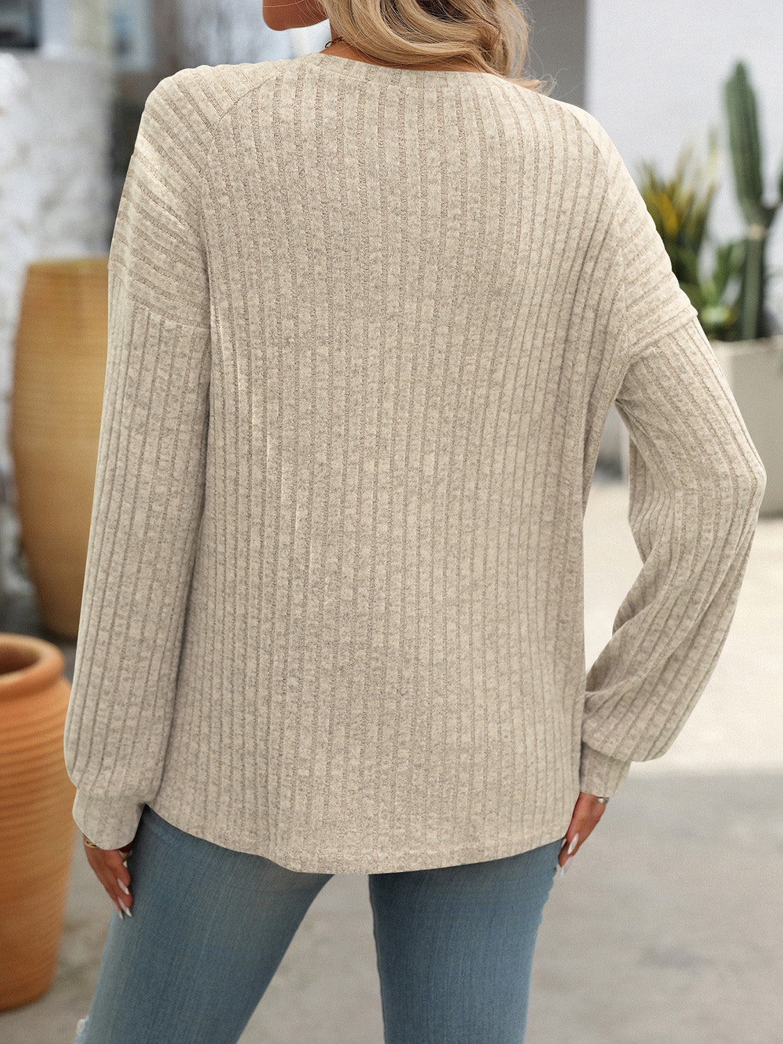 Decor Button Long Sleeve Ribbed Top