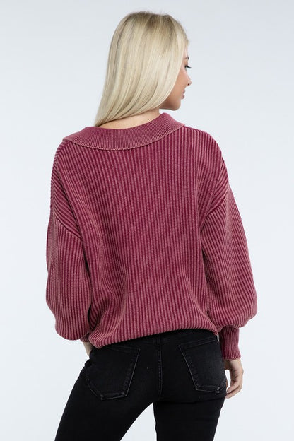 Washed Collared Henley Sweater