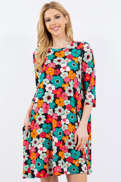 Full Size Floral Three-Quarter Sleeve Dress with Pockets