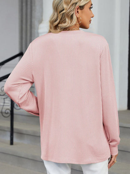 Striped Notched Long Sleeve Top