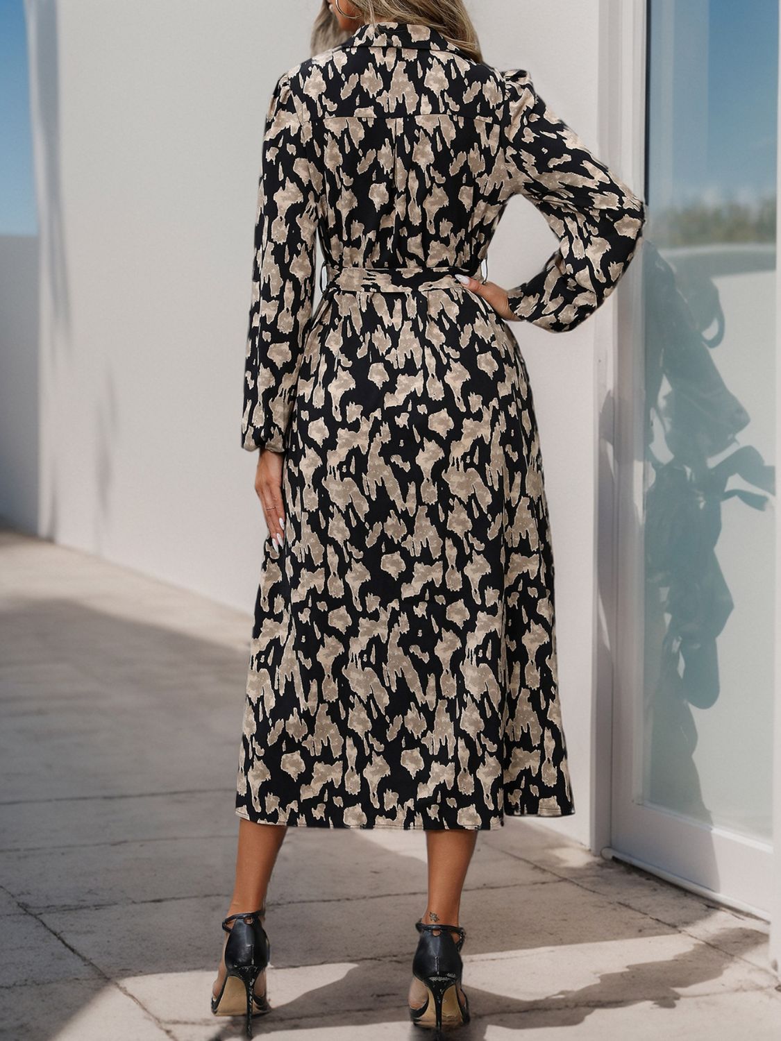 Perfee Printed Long Sleeve Midi Dress