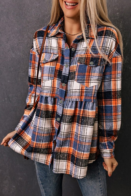 Multicolor Plaid Button Down Ruffled Shirt Jacket