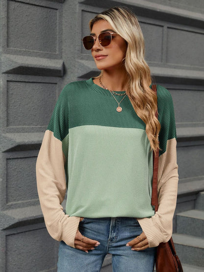 Contrast Round Neck Long Sleeve Top