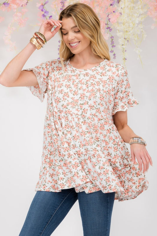 Full Size Floral Ruffled Short Sleeve Blouse