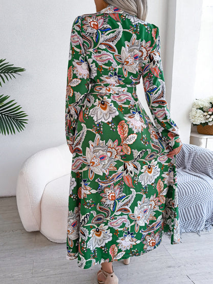 Tied Printed Long Sleeve Midi Dress