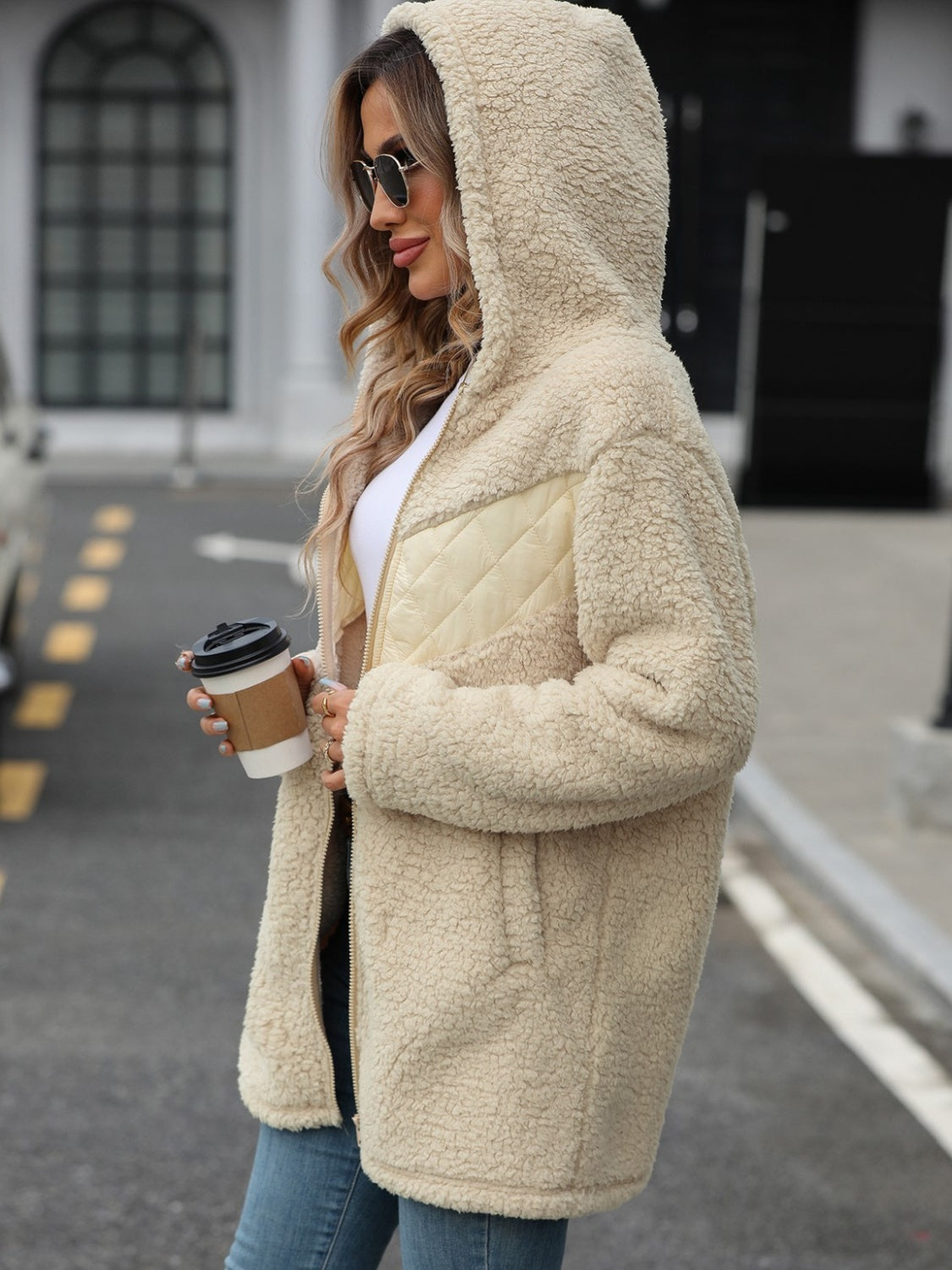 Fuzzy Zip Up Long Sleeve Hooded Jacket