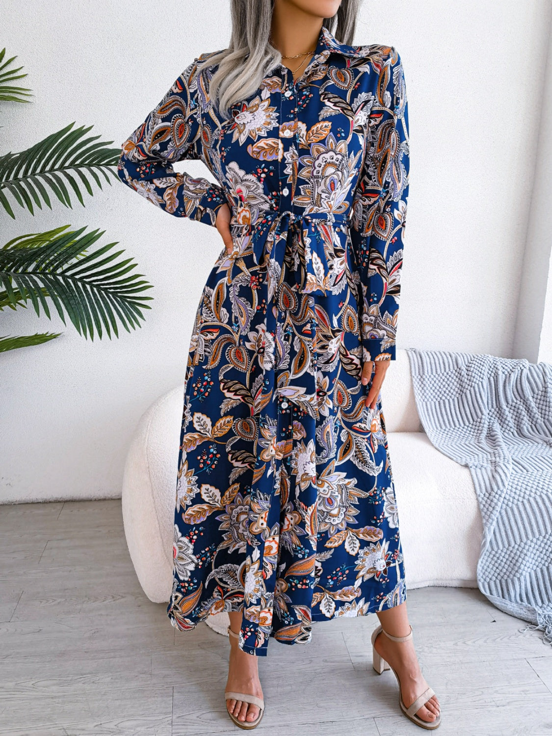 Tied Printed Long Sleeve Midi Dress