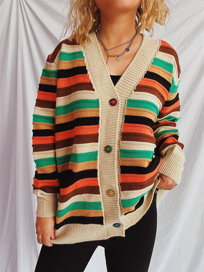 Contrast Stripes Button Up Long Sleeve Cardigan