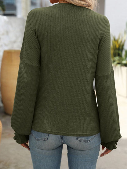 Ribbed Round Neck Long Sleeve Top