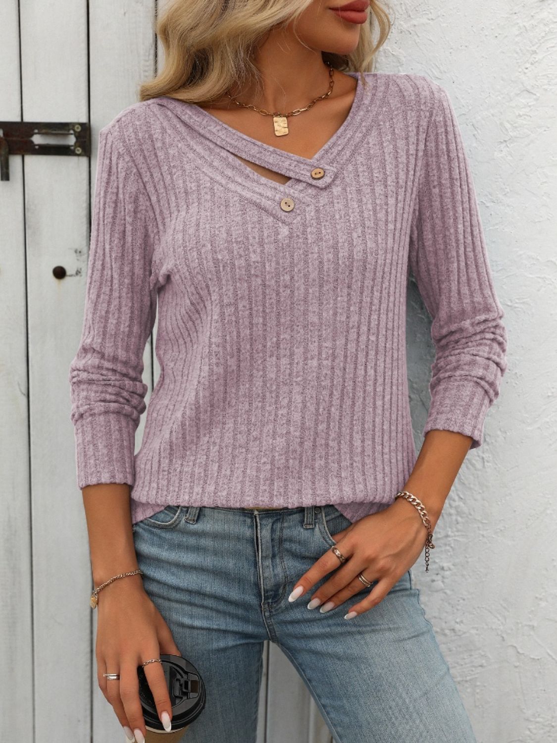 Ribbed V-Neck Long Sleeve Top