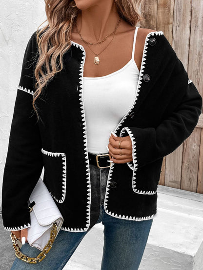 Perfee Pocketed Contrast Button Up Jacket