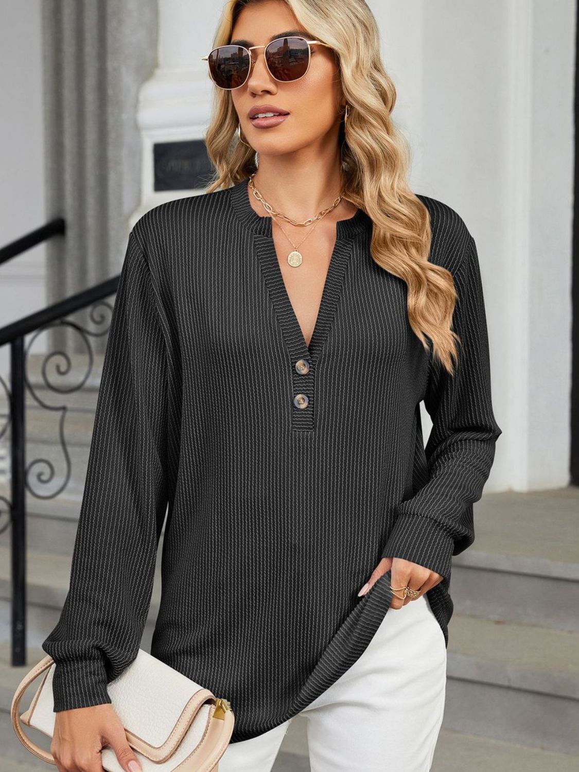 Striped Notched Long Sleeve Top