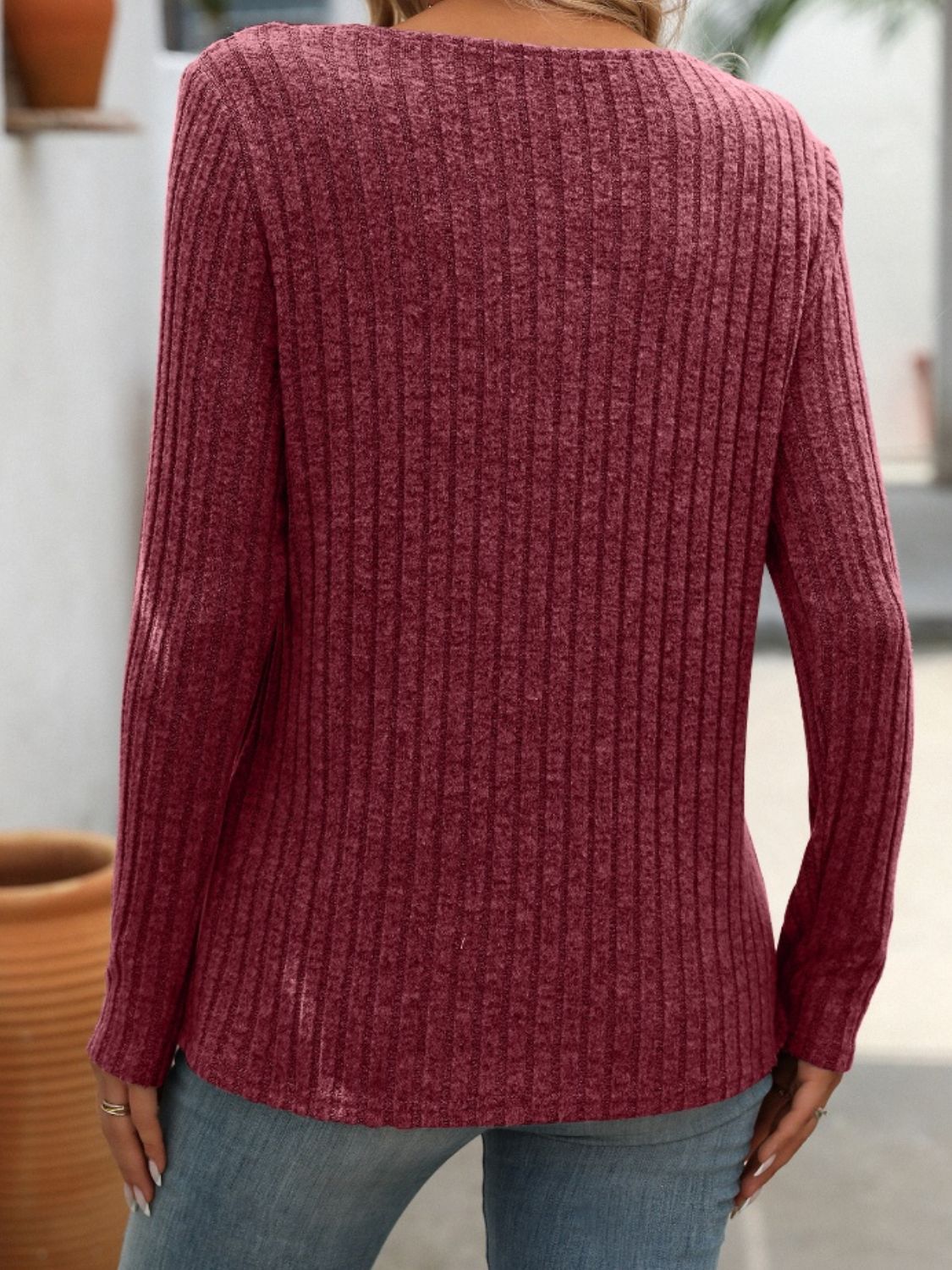 Ribbed V-Neck Long Sleeve Top