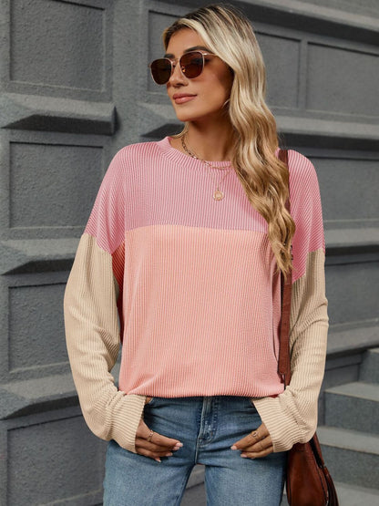 Contrast Round Neck Long Sleeve Top