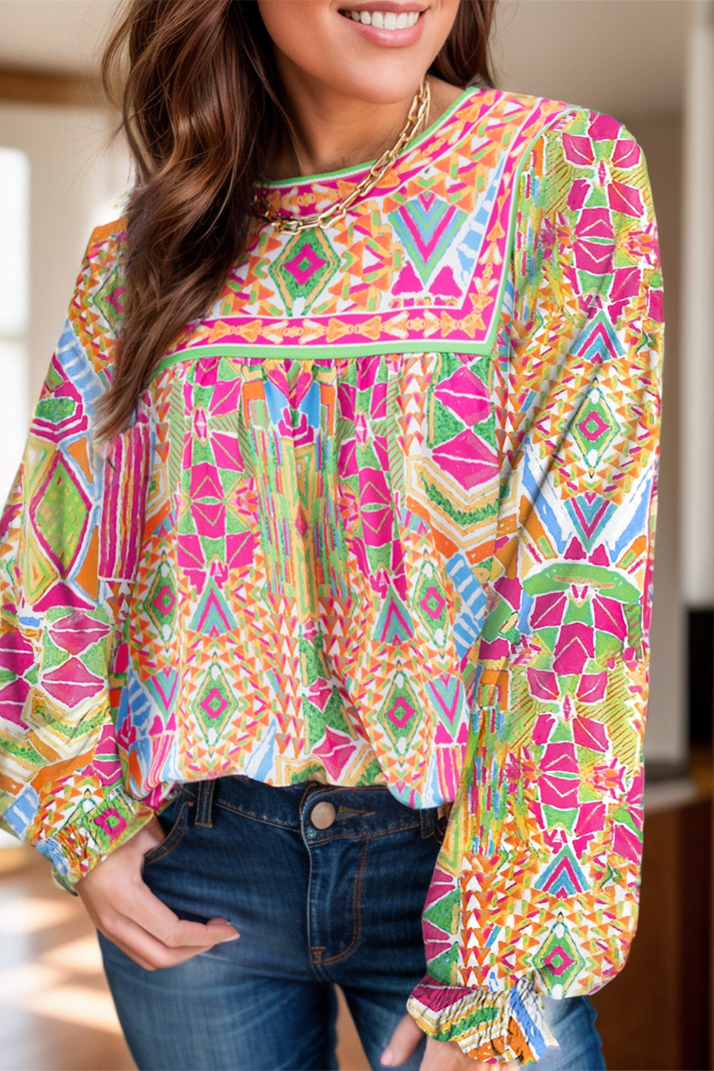 Geometric Printed Round Neck Long Sleeve Blouse