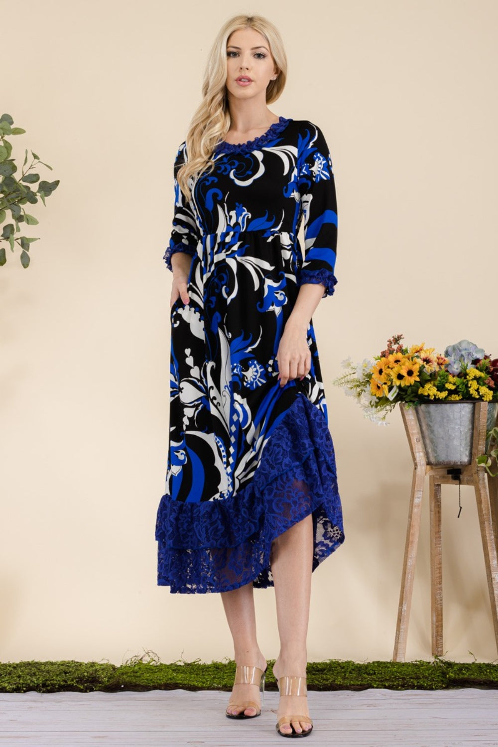 Full Size Paisley Print Lace Ruffled Midi Dress