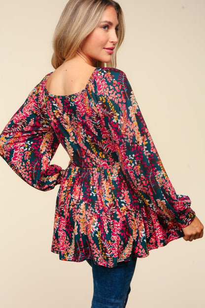 Full Size Peplum Floral Square Neck Blouse