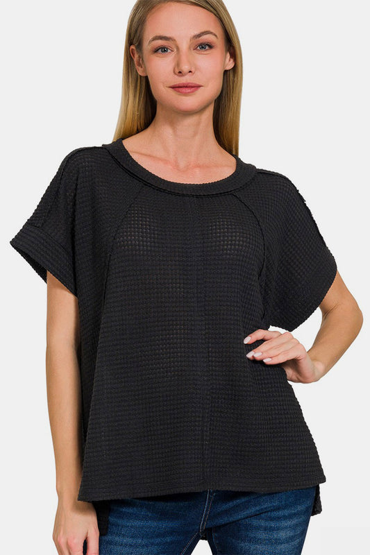 Waffle Exposed-Seam Short Sleeve Top